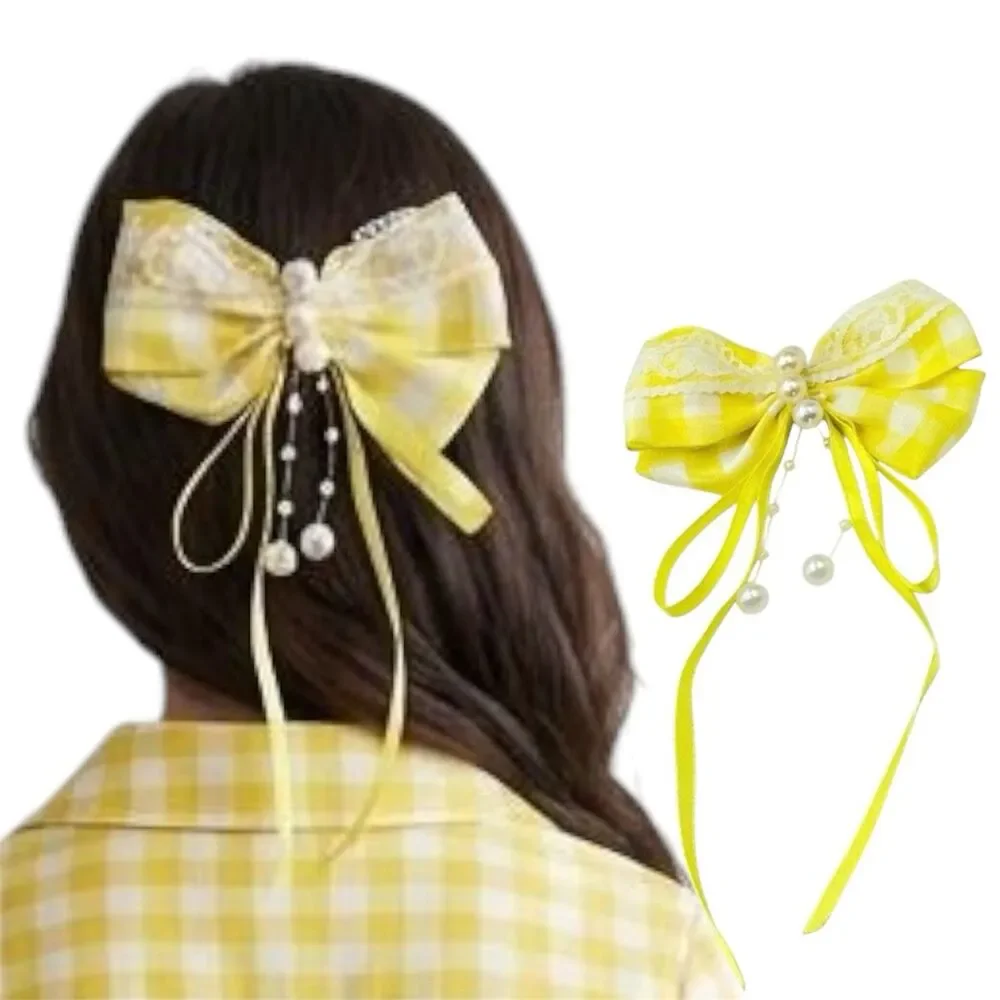 Hair Bow Clip Yellow Hairpin Wih Beads For Girls